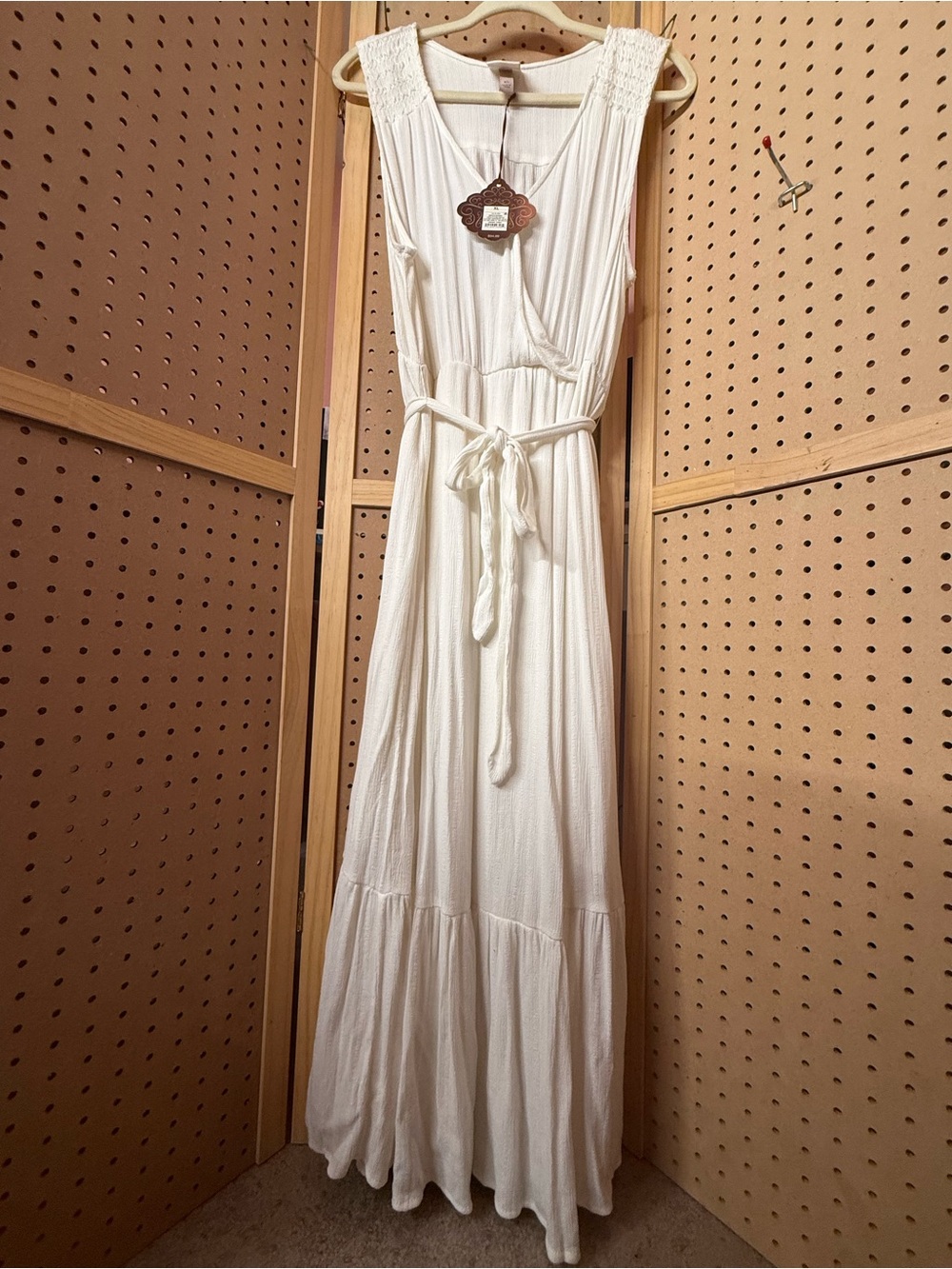 NWT Knox Rose XL White Boho Maxi Dress Tie Waist Tiered